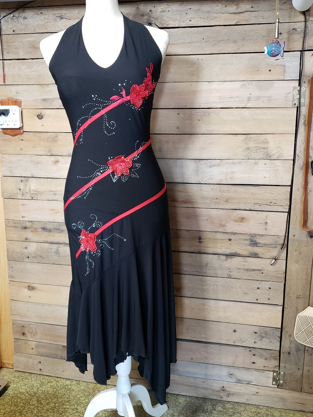 Vtg. Black Halter Asymmetrical Dress Red Floral Appliqués 90's Y2K Whimsigoth